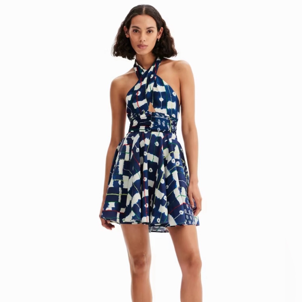 Stella Jean Blue Patterned Crossover Halter Mini Dress